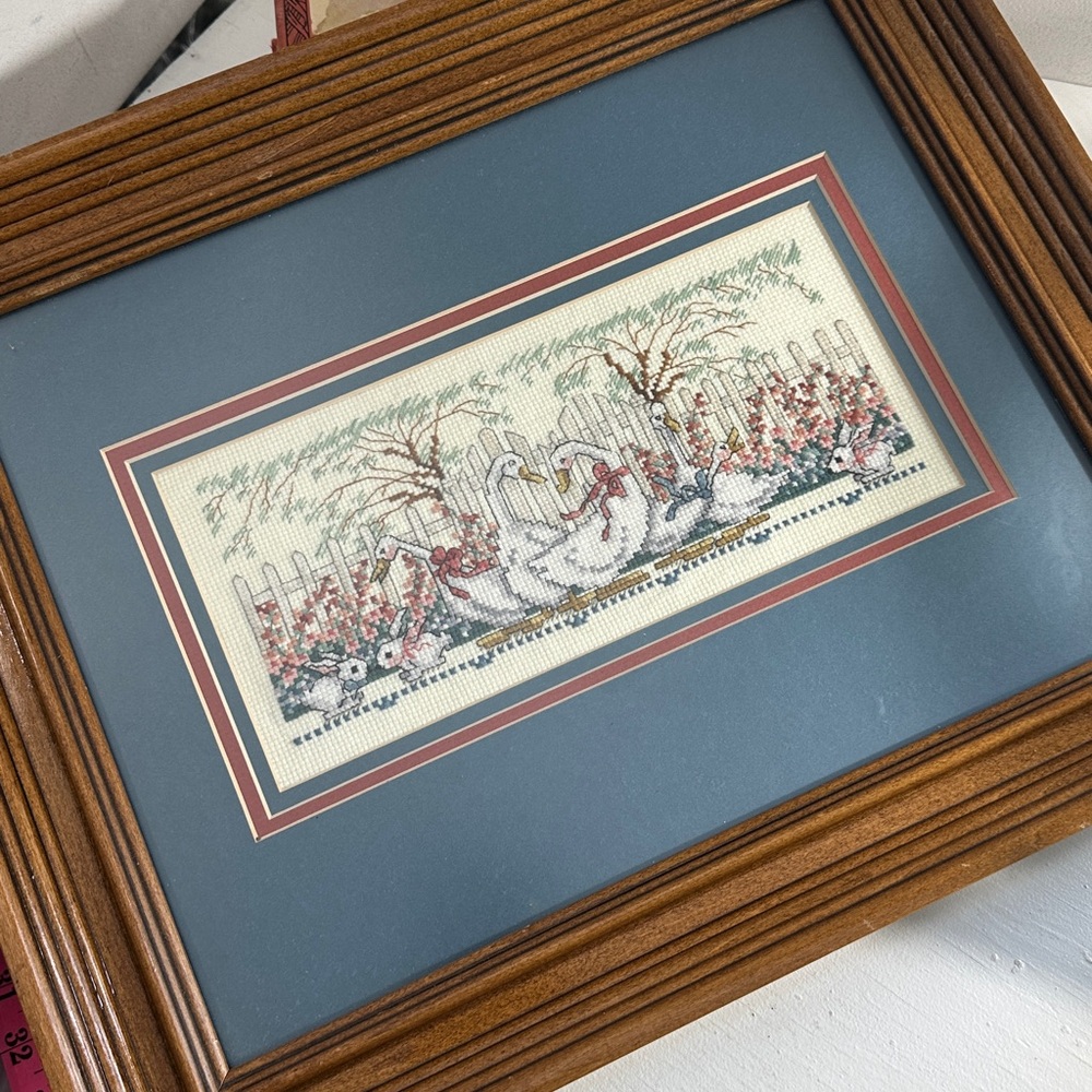 Vintage geese framed cross stitch